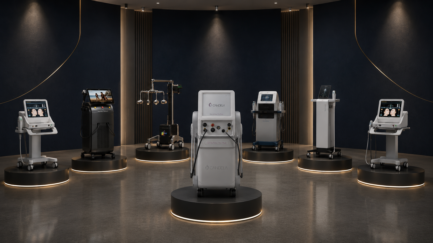A showroom lineup of certified pre-owned aesthetic and therapeutic machines available for sale from MedRent.
