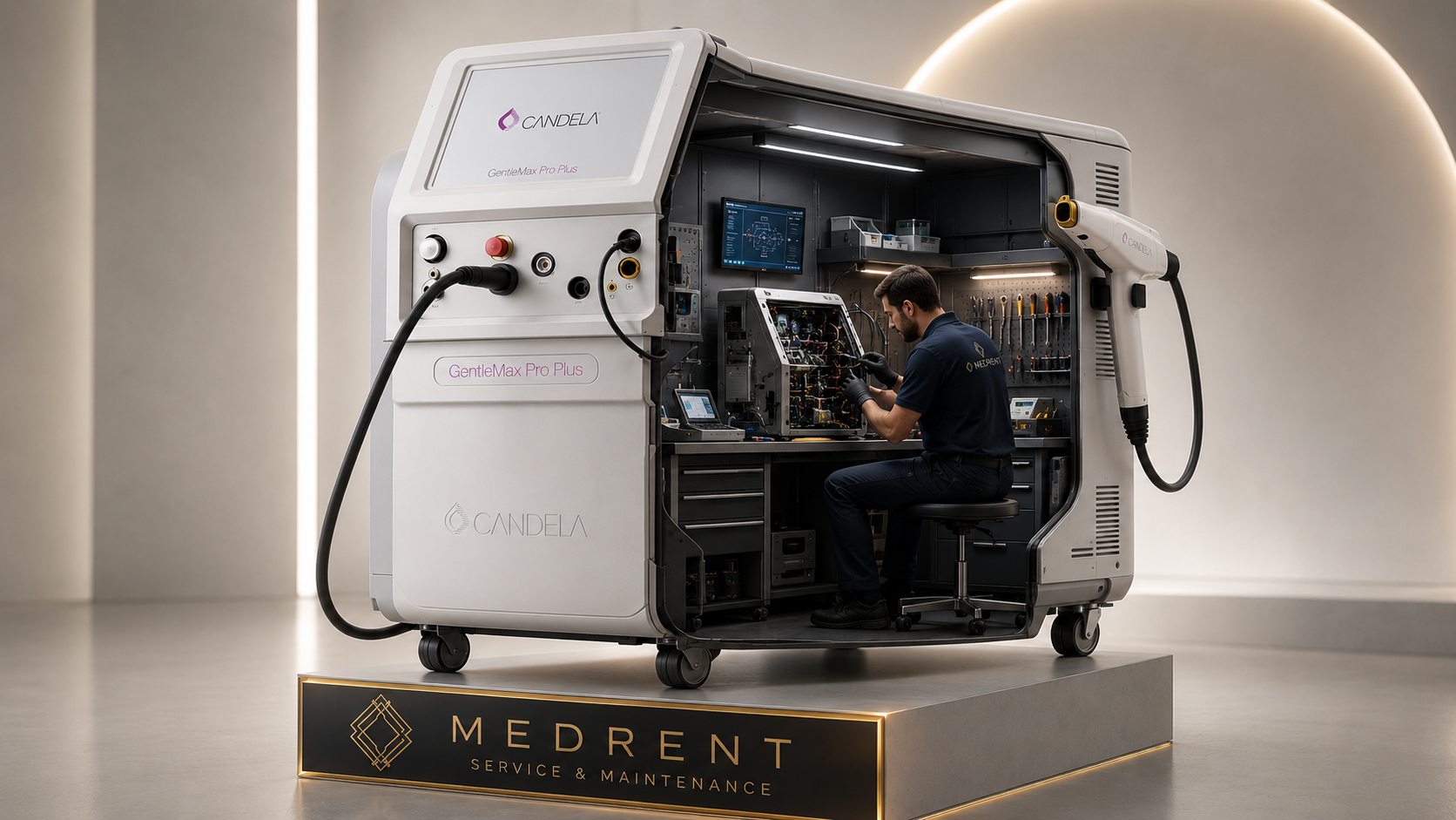 A Candela GentleMax Pro Plus device shown with a MedRent technician performing service and maintenance work inside it, displayed on a pedestal reading “MedRent Service & Maintenance.”