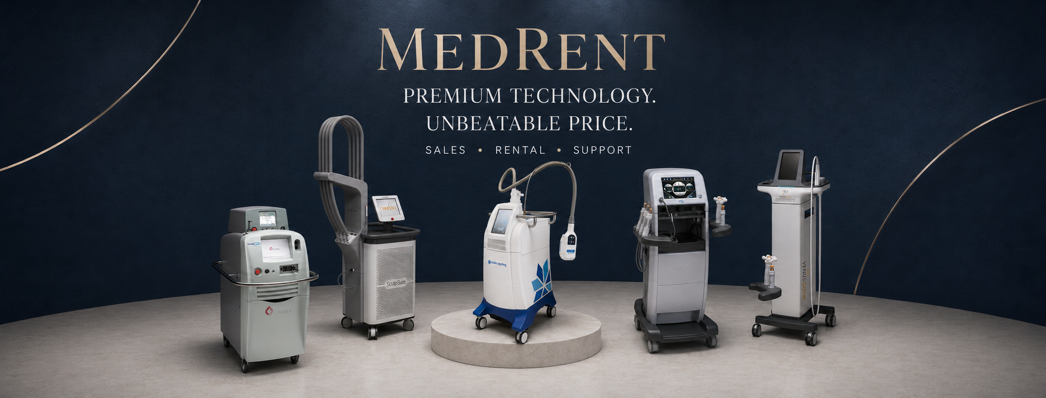 MedRent: Premium Technology. Unbeatable Price. Sales, Rental, Support — five aesthetic treatment devices on display.